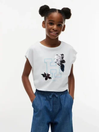 Flip-T-Shirt mit Pailletten-Blumenlogo für Kinder