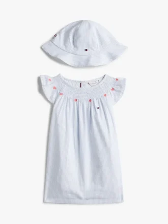 Geschenkset mit gestreiftem Kleid und Hut für Babys