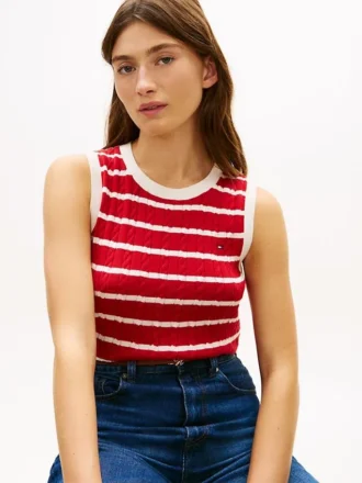 Gestreifte Strickweste mit Zopfmuster