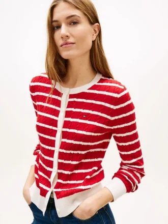 Gestreifter Strickcardigan mit Zopfmuster