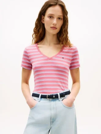 Gestreiftes „Favorite“-T-Shirt mit V-Ausschnitt