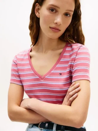 Gestreiftes „Favorite“-T-Shirt mit V-Ausschnitt
