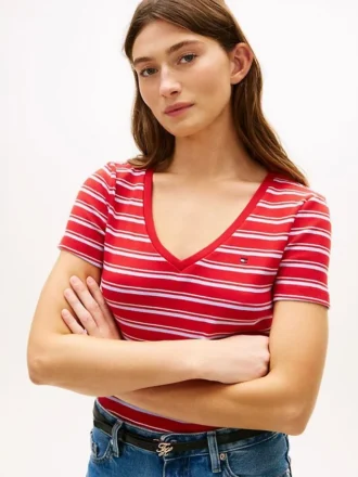 Gestreiftes „Favorite“-T-Shirt mit V-Ausschnitt