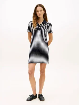 Gestreiftes Interlock-Polokleid mit goldenen Knöpfen