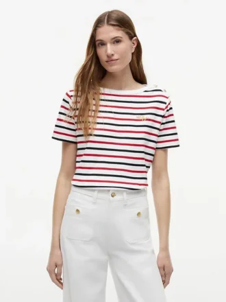 Gestreiftes Interlock-T-Shirt mit goldenen Knöpfen