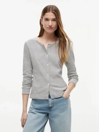 Gestreiftes Pointelle-Cardigan-T-Shirt