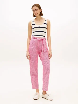 Gingham-Seersucker-Hose mit Gürtel und konischem Schnitt