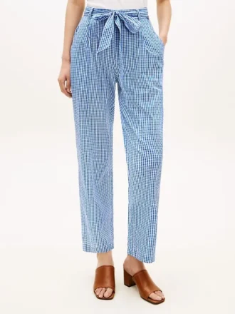 Gingham-Seersucker-Hose mit Gürtel und konischem Schnitt