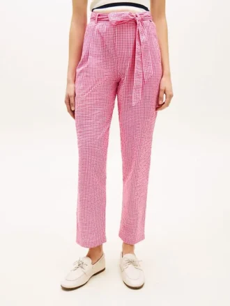 Gingham-Seersucker-Hose mit Gürtel und konischem Schnitt