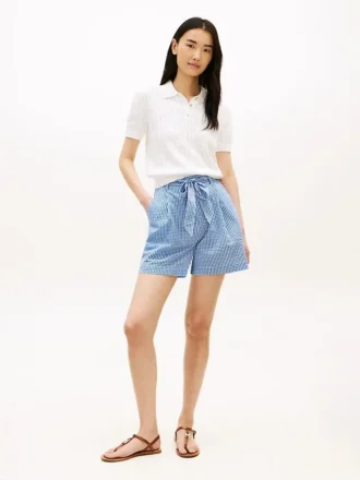 Gingham-Seersucker-Shorts mit Gürtel