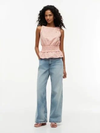 Gingham-Seersucker-Tanktop mit Raffungen