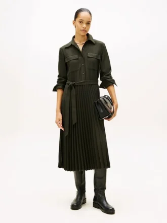 Gürtel-Plissee-Twill-Shirtkleid