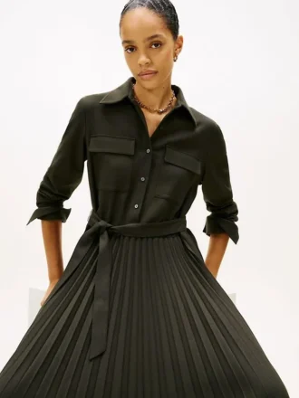 Gürtel-Plissee-Twill-Shirtkleid
