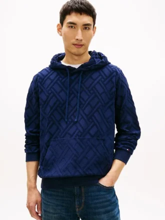 Hoodie aus Velours-Jacquard mit durchgehendem Flaggenlogo