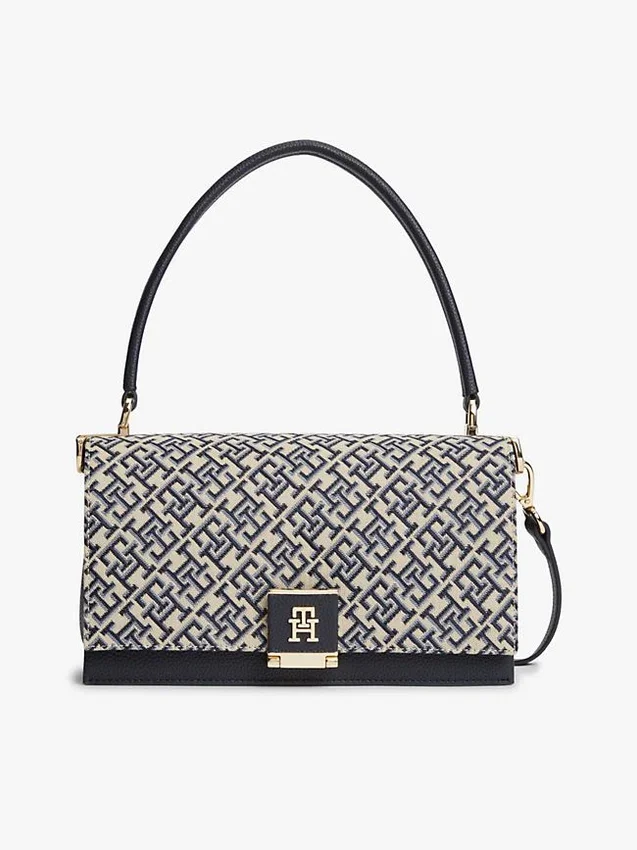 Jacquard-Umhängetasche mit Monogramm-Verschluss Jacquard-Umhängetasche mit Monogramm-Verschluss
