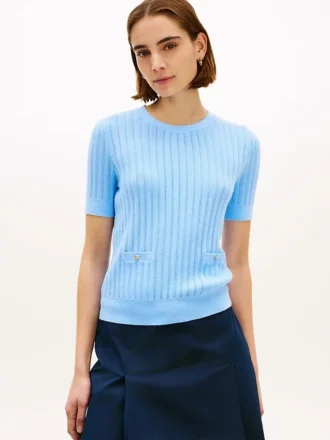 Kurzärmeliger Pointelle-Pullover mit Tasche