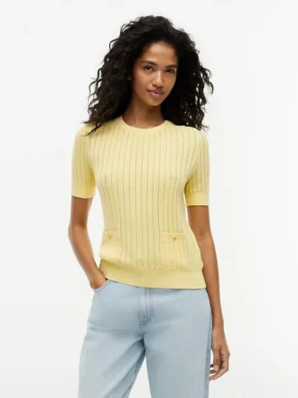 Kurzärmeliger Pointelle-Pullover mit Tasche