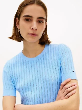 Kurzärmeliger Pointelle-Pullover mit Tasche