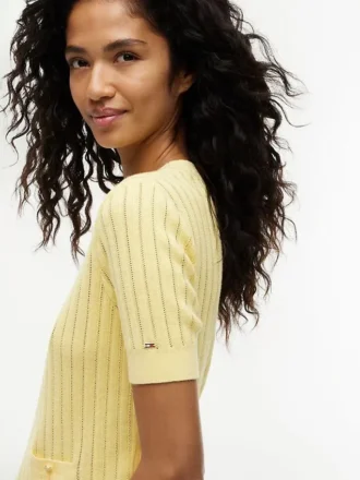 Kurzärmeliger Pointelle-Pullover mit Tasche