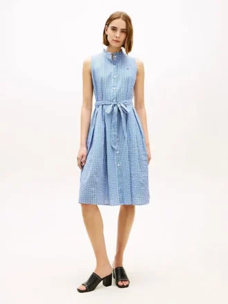 Midi-Kleid aus Gingham-Seersucker mit Gürtel