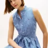 Midi-Kleid aus Gingham-Seersucker mit Gürtel