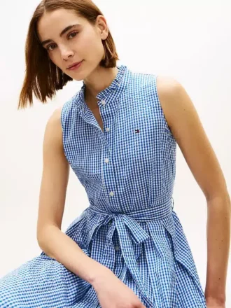 Midi-Kleid aus Gingham-Seersucker mit Gürtel