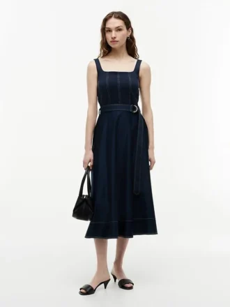 Midi-Kleid mit Gürtel und Kontrastnähten