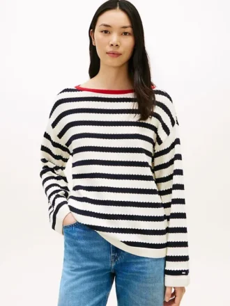 Pullover mit bretonischen Streifen und Pointelle-Muster im U-Boot-Ausschnitt