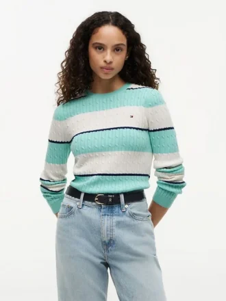 Pullover mit Zopfmuster und Rugby-Streifen