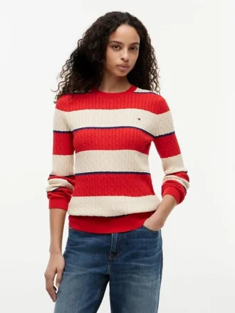 Pullover mit Zopfmuster und Rugby-Streifen