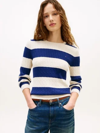 Pullover mit Zopfmuster und Rugby-Streifen