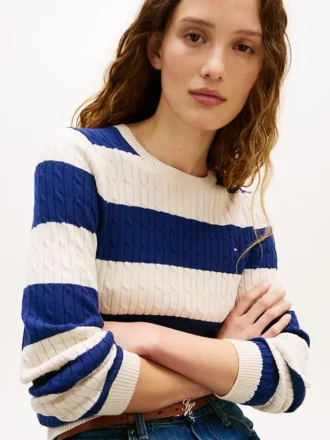 Pullover mit Zopfmuster und Rugby-Streifen