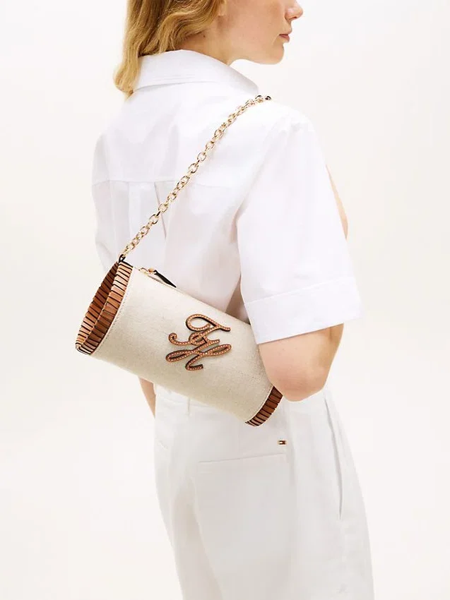 Script Monogram Leinen-Tasche mit Kettenriemen Script Monogram Leinen-Tasche mit Kettenriemen