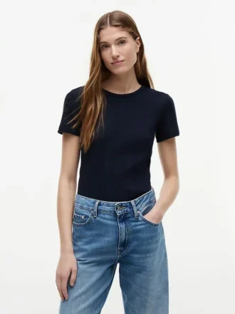 Slim Fit Pointelle T-Shirt mit Rundhalsausschnitt