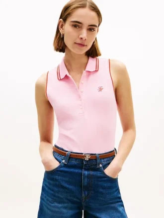 Slim Fit Ärmelloses Polohemd mit Schriftzug-Monogramm