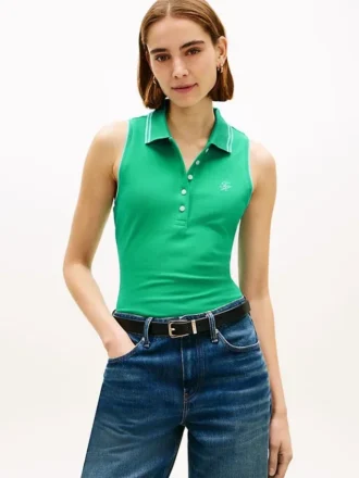Slim Fit Ärmelloses Polohemd mit Schriftzug-Monogramm