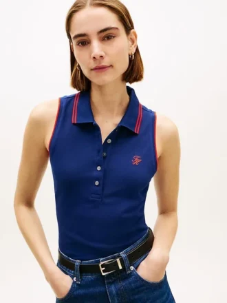 Slim Fit Ärmelloses Polohemd mit Schriftzug-Monogramm