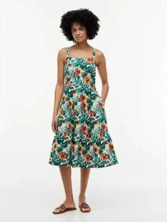 Stufiges Kleid aus Leinenmischung mit tropischem Print