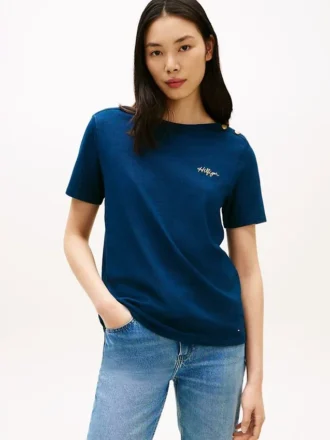 T-Shirt aus Baumwoll-Interlock mit goldenen Knöpfen