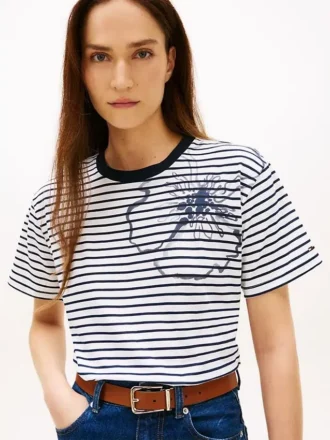 T-Shirt mit abstraktem Blumenprint und Streifen