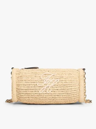 Tasche mit Monogramm-Schriftzug und Kettenriemen aus Raffia
