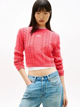 Tommy Jeans Pullover mit Schriftzug und Zopfmuster